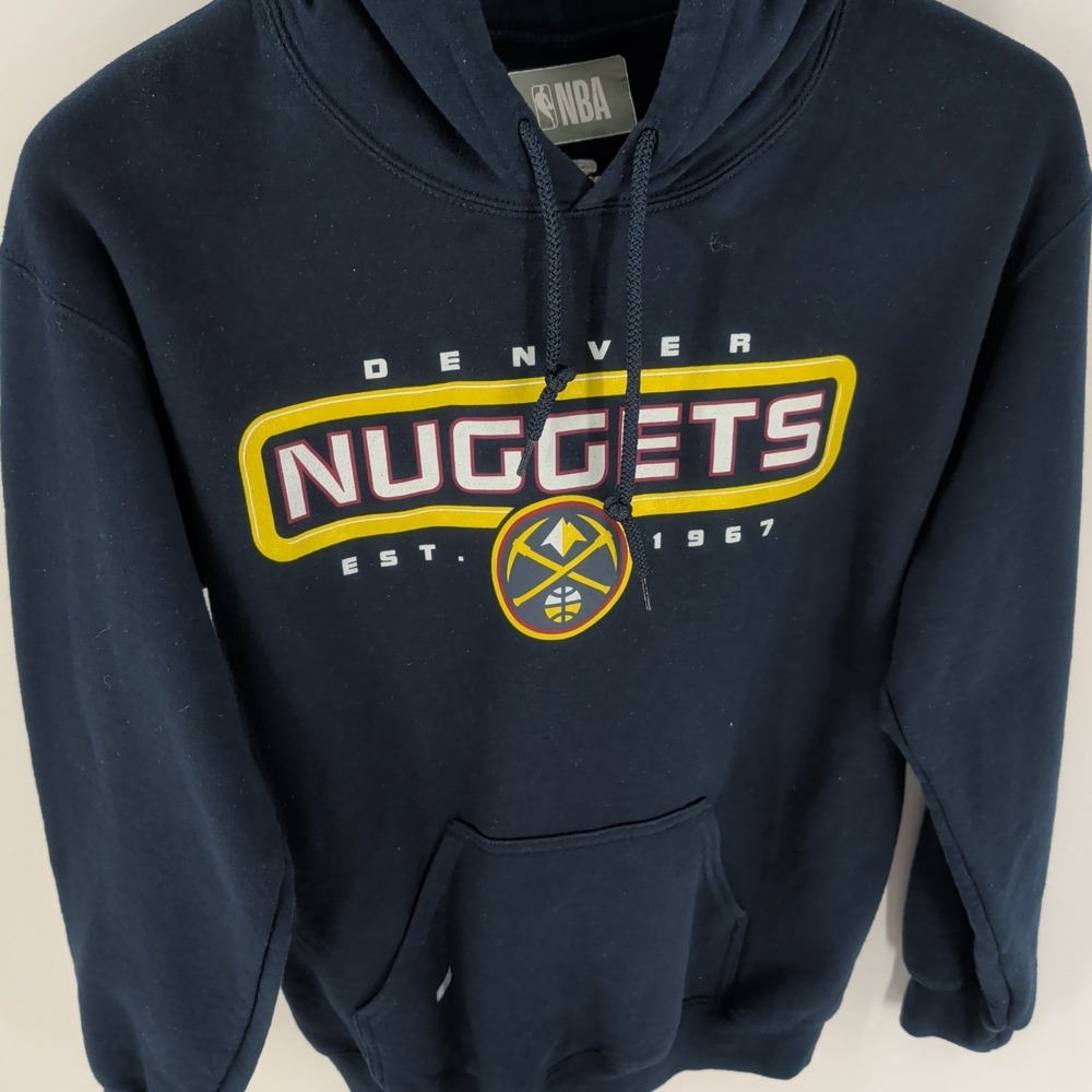 Vtg Denver Nuggets Basketball NBA Mens Navy Blue Spellout Pullover Hoodie Size S - Picture 4 of 7